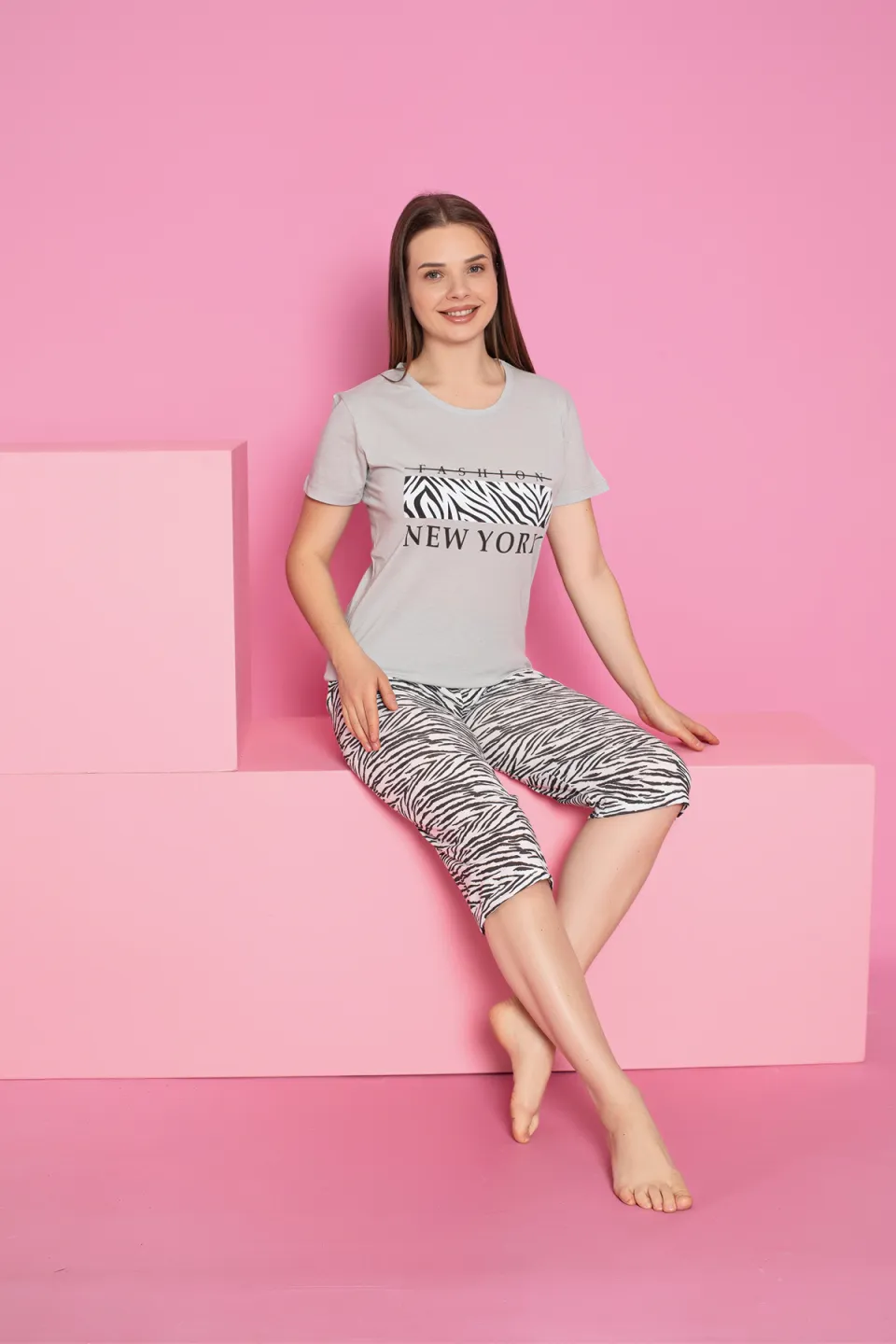 Pijama damă bumbac – tricou și pantaloni 3/4, imprimeu NEW YORK - 2