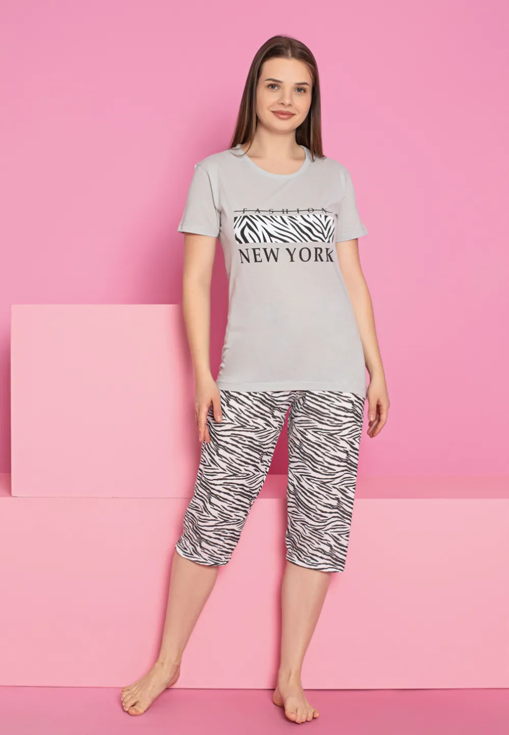 Pijama damă bumbac – tricou și pantaloni 3/4, imprimeu NEW YORK - 1