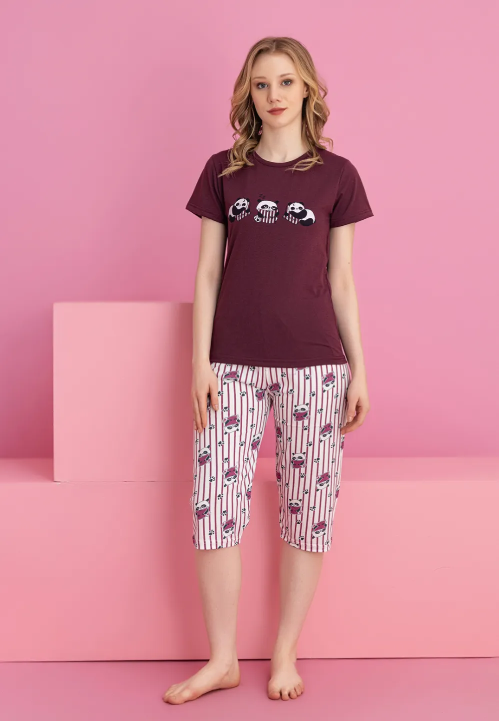Pijama damă bumbac – tricou și pantaloni 3/4, imprimeu PANDA - 1