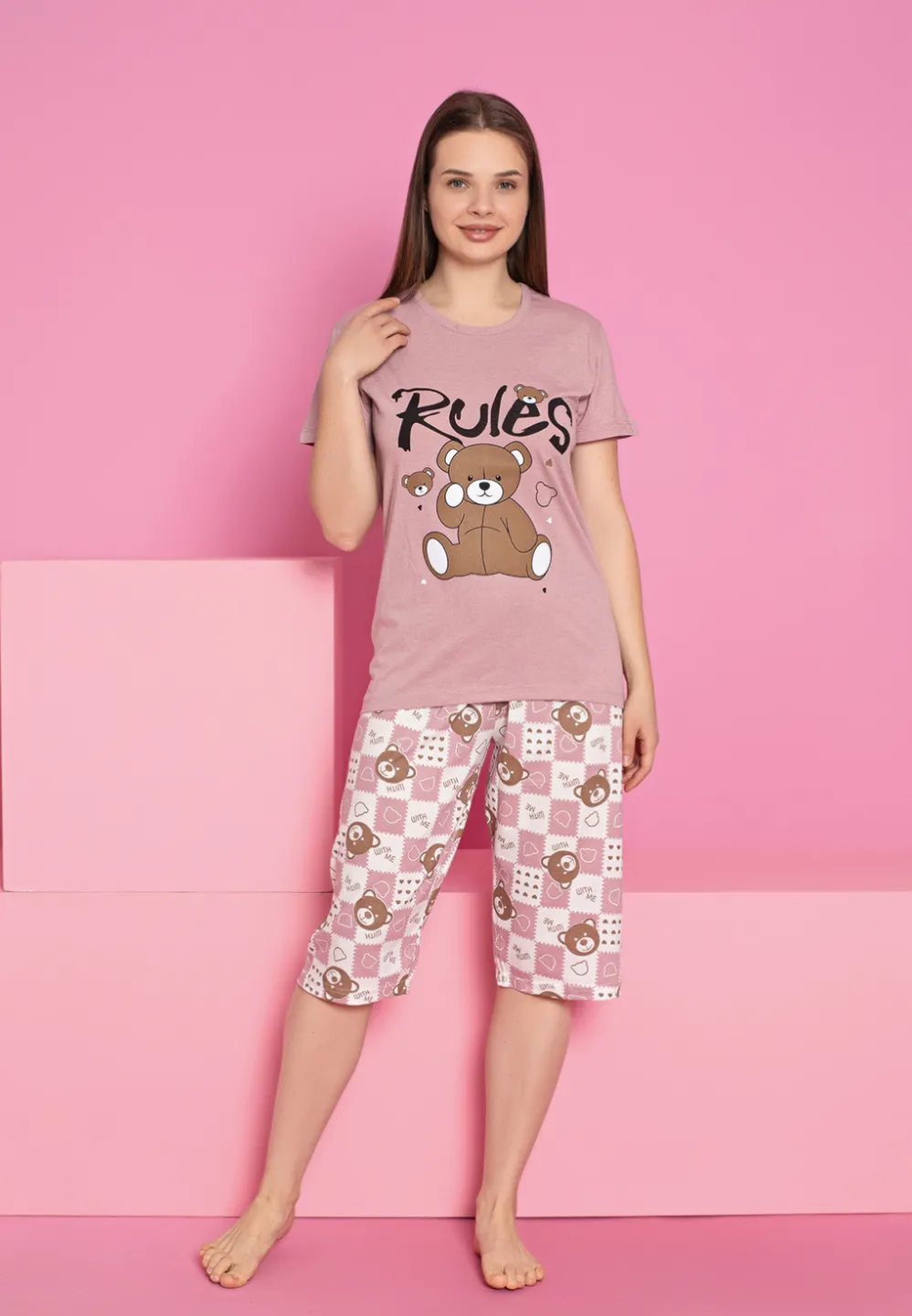 Pijama damă bumbac – tricou și pantaloni 3/4, imprimeu RULES - 1