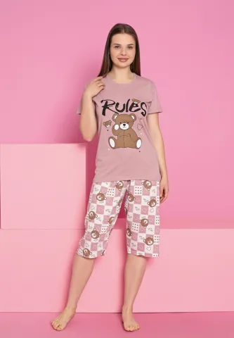 Pijama damă bumbac – tricou și pantaloni 3/4, imprimeu RULES