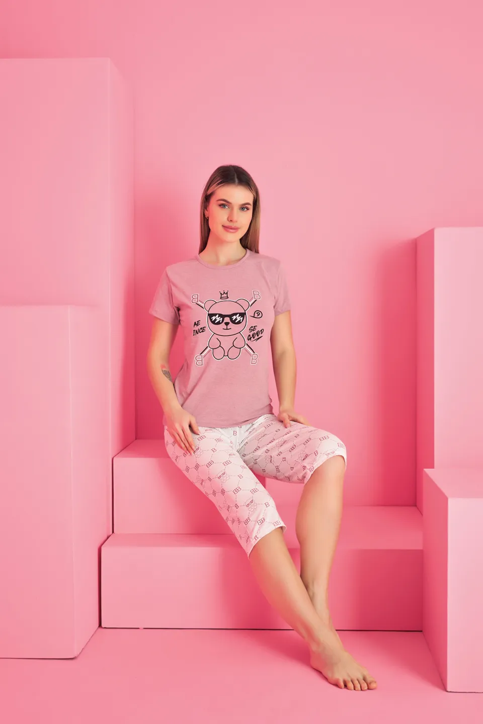 Pijama damă bumbac – tricou și pantaloni 3/4, imprimeu  SE GOOD - 2