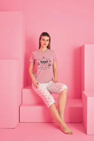 Pijama damă bumbac – tricou și pantaloni 3/4, imprimeu  SE GOOD hover