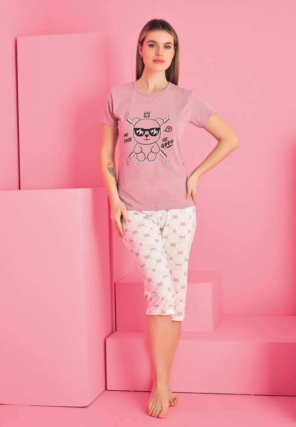 Pijama damă bumbac – tricou și pantaloni 3/4, imprimeu  SE GOOD - 1