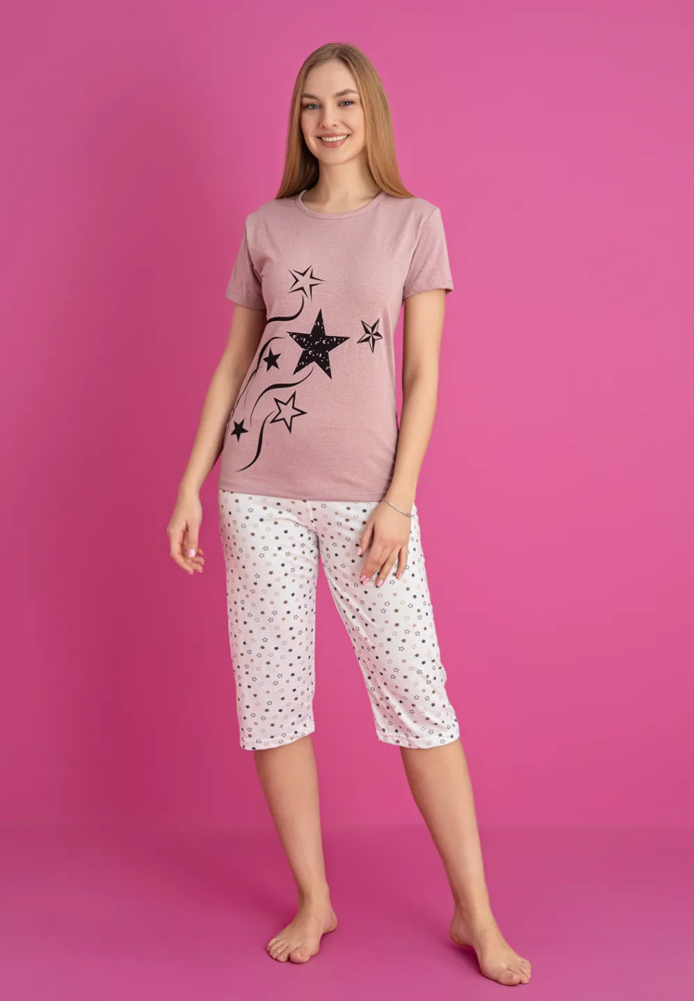 Pijama damă bumbac – tricou și pantaloni 3/4, imprimeu STELE - 1