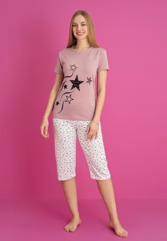 Pijama damă bumbac – tricou și pantaloni 3/4, imprimeu STELE