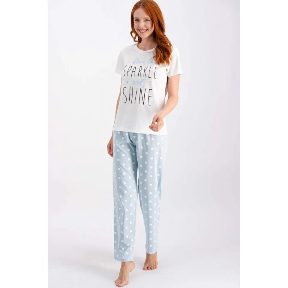 Pijama damă cu bluză cu mânecă scurtă și pantaloni lungi, imprimeu „Born to sparkle and shine”.