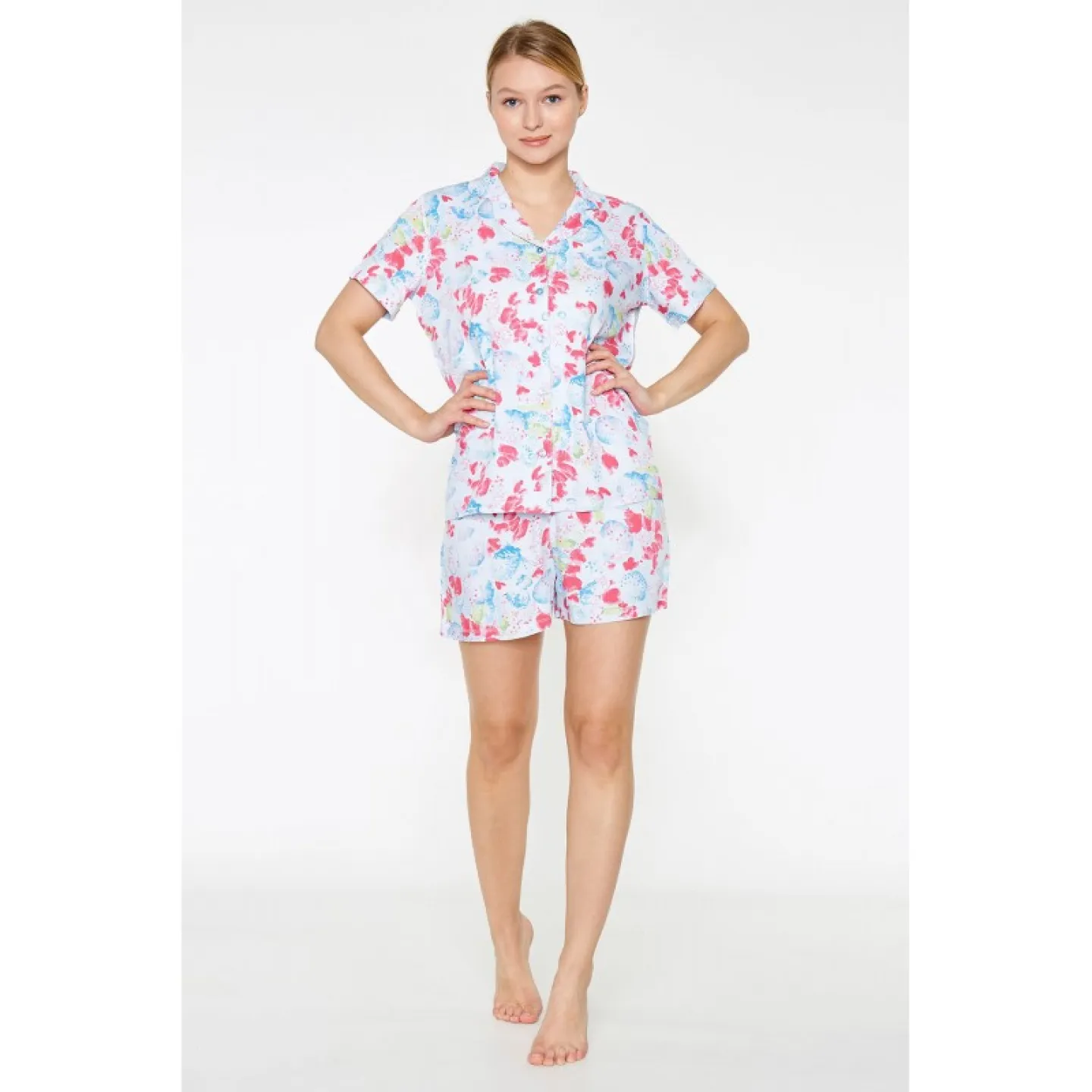 Pijama damă cu bluză cu mânecă scurtă și pantaloni scurți, imprimeu colorat cu petale - 1