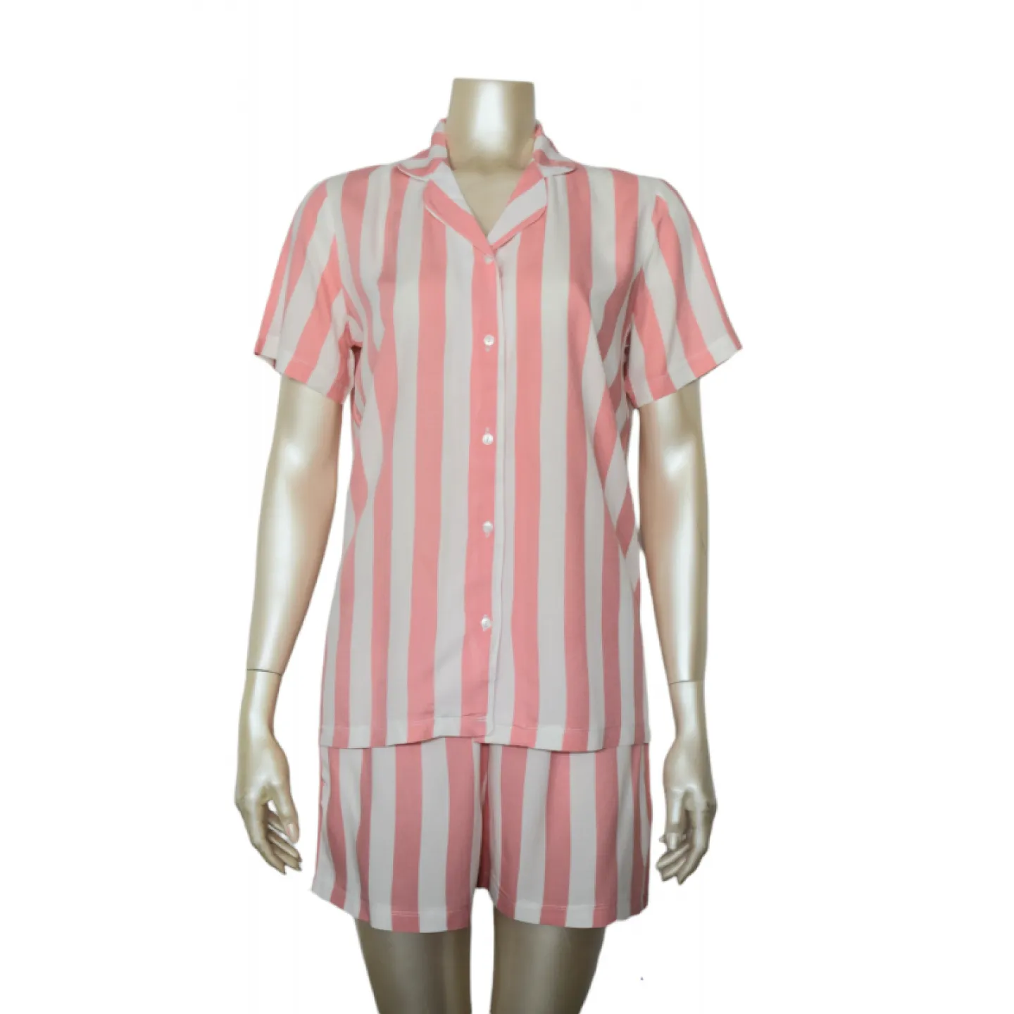 Pijama damă cu bluză cu nasturi, mânecă scurtă și pantaloni scurți, imprimeu cu dungi, roz/alb - 1