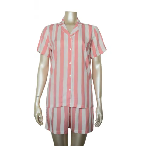 Pijama damă cu bluză cu nasturi, mânecă scurtă și pantaloni scurți, imprimeu cu dungi, roz/alb