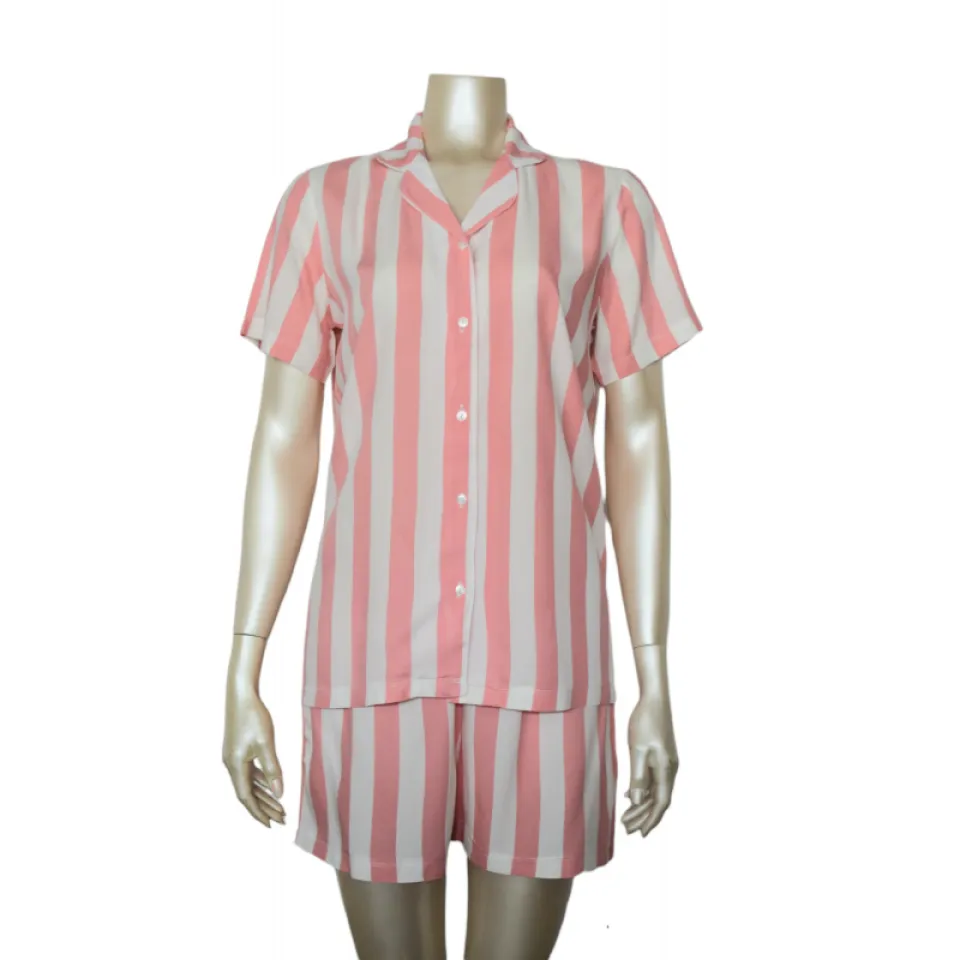 Pijama damă cu bluză cu nasturi, mânecă scurtă și pantaloni scurți, imprimeu cu dungi, roz/alb