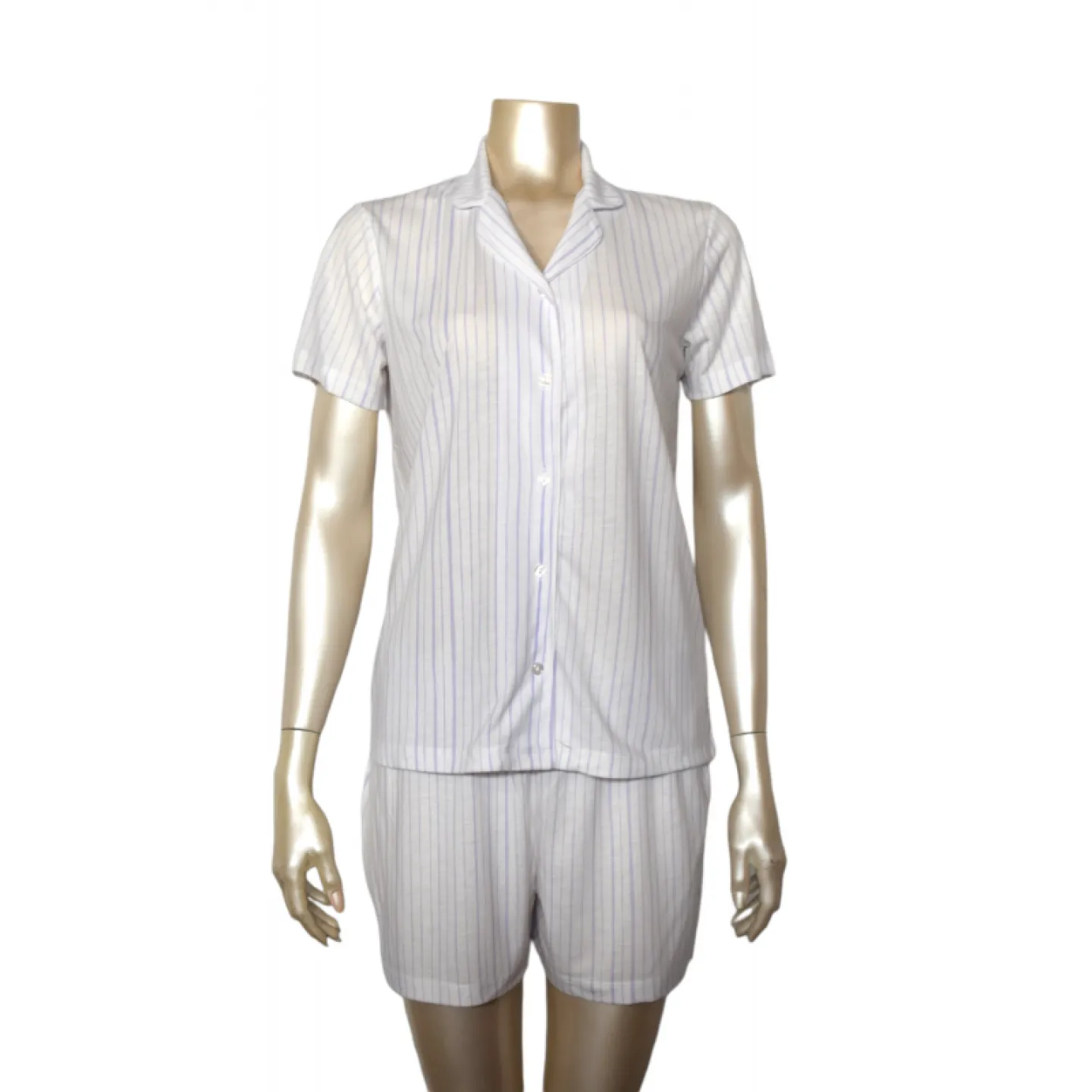 Pijama damă cu bluză cu nasturi, mânecă scurtă și pantaloni scurți, imprimeu dungi, culoare alb/mov - 1