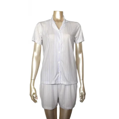 Pijama damă cu bluză cu nasturi, mânecă scurtă și pantaloni scurți, imprimeu dungi, culoare alb/mov