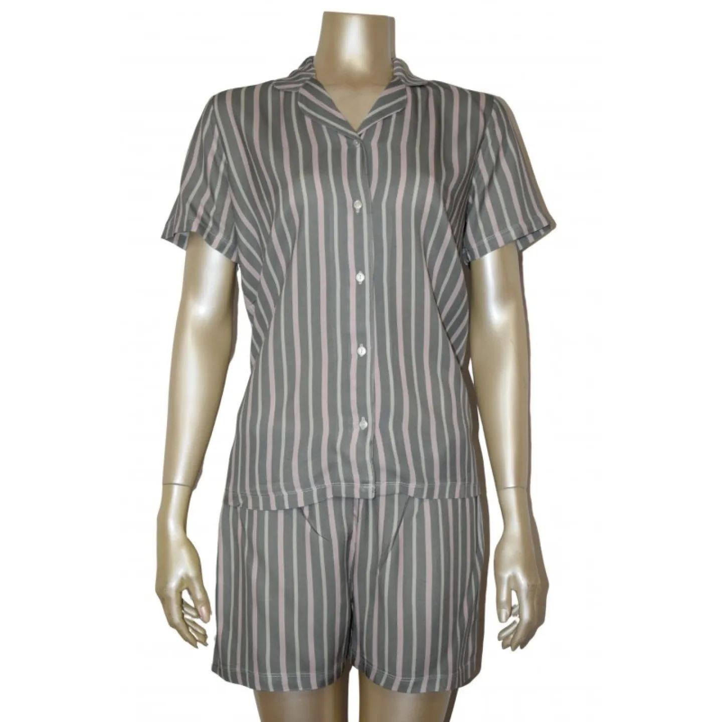 Pijama damă cu bluză cu nasturi, mânecă scurtă și pantaloni scurți, imprimeu dungi, roz/gri - 1