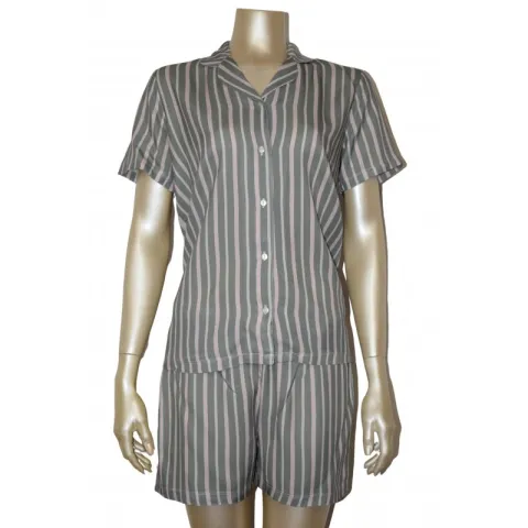 Pijama damă cu bluză cu nasturi, mânecă scurtă și pantaloni scurți, imprimeu dungi, roz/gri