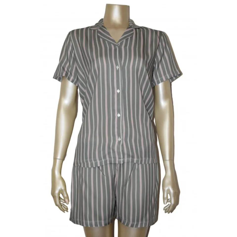 Pijama damă cu bluză cu nasturi, mânecă scurtă și pantaloni scurți, imprimeu dungi, roz/gri