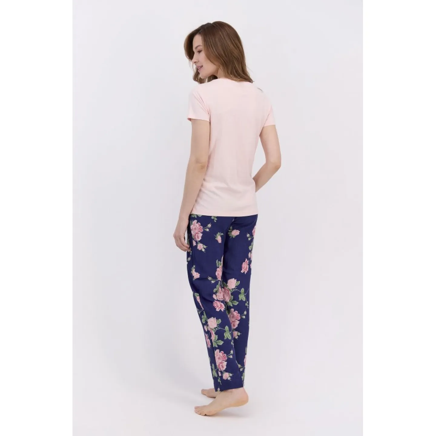 Pijama dama cu bluza maneca scurta si pantaloni lungi cu elastic in talie, imprimeu trandafiri - 2