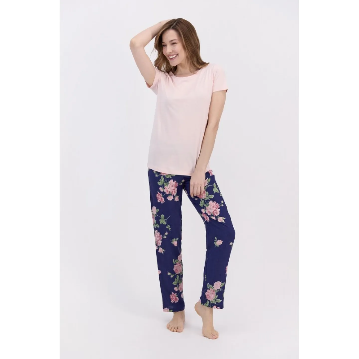 Pijama dama cu bluza maneca scurta si pantaloni lungi cu elastic in talie, imprimeu trandafiri - 1