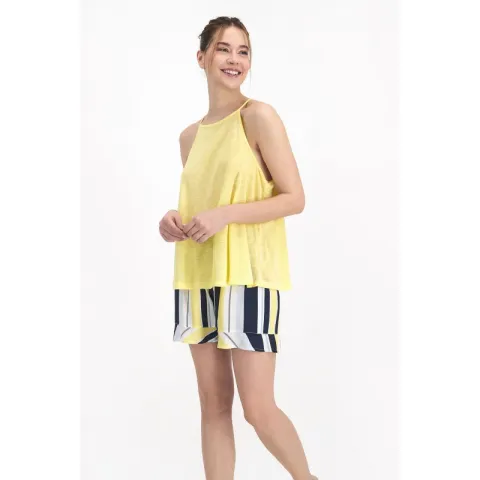 Pijama damă cu bluză tip maiou cu bretele și pantaloni scurți cu dungi,  culoare galben hover