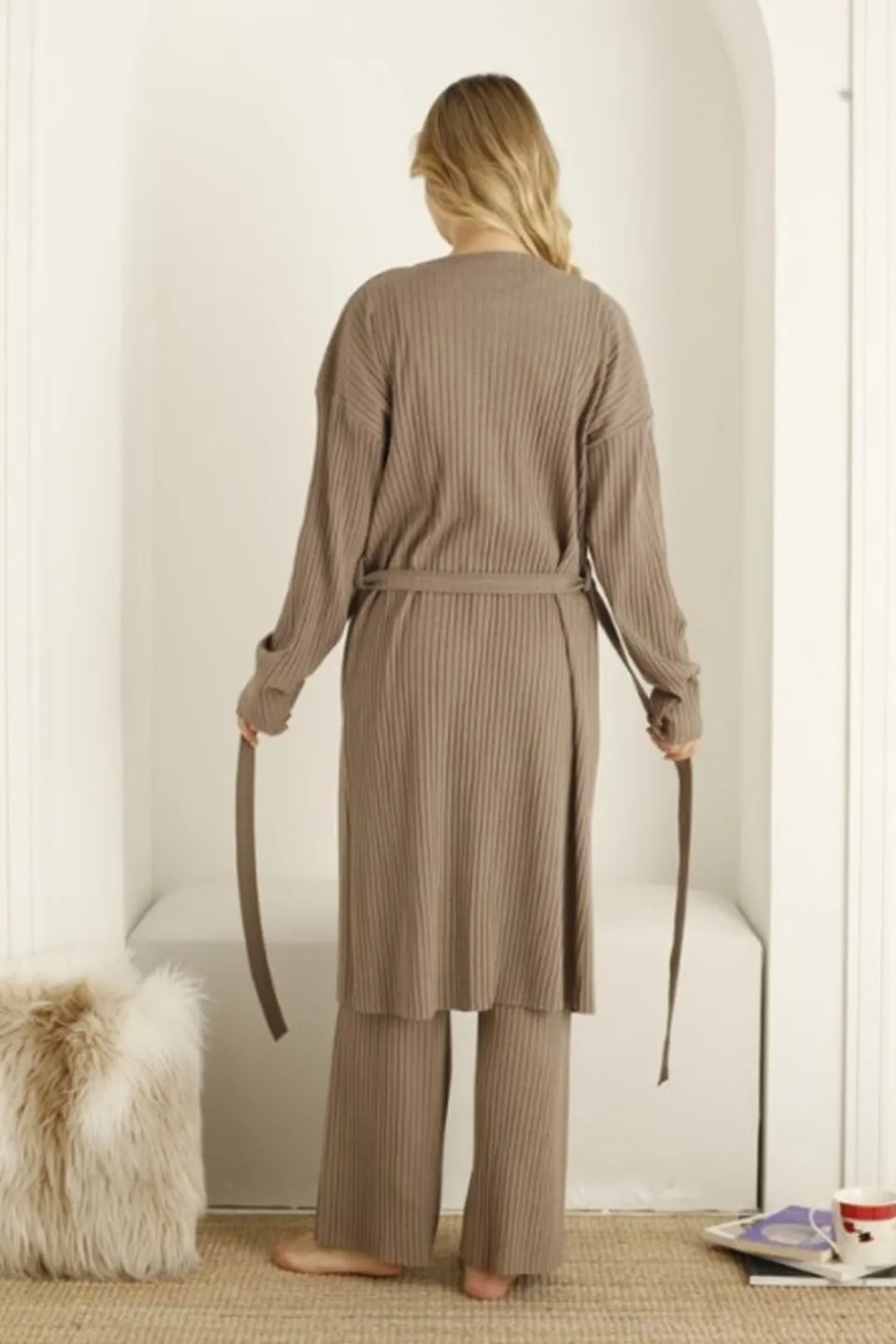 Pijama damă cu halat, culoare bej, imprimeu Trend Up - 3