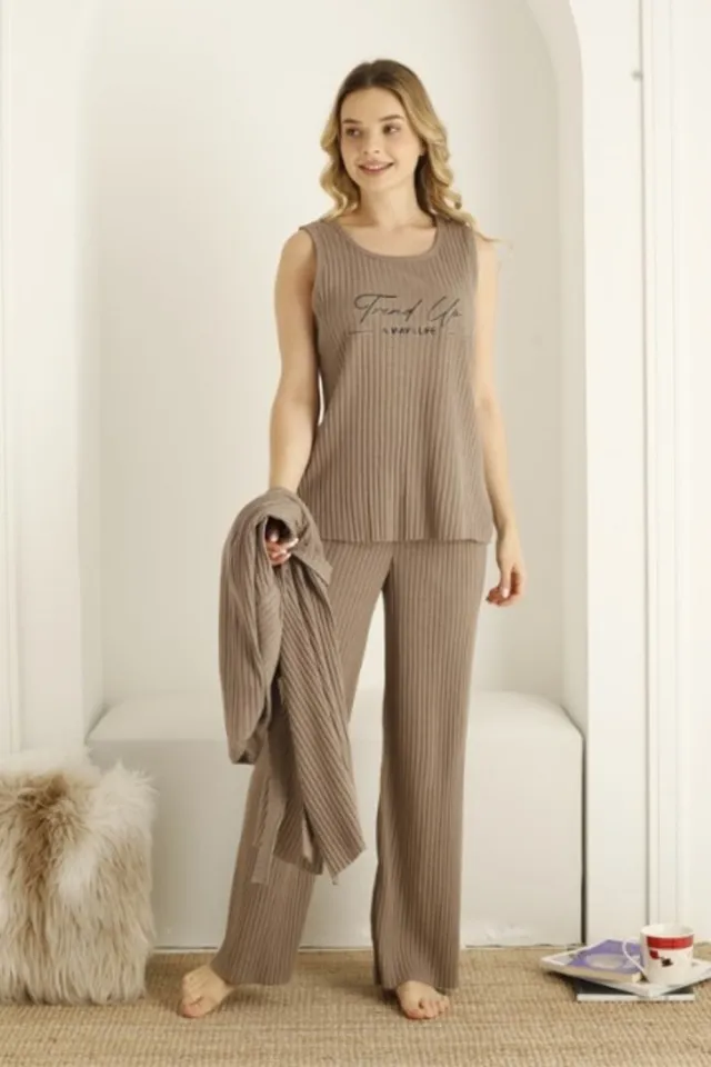 Pijama damă cu halat, culoare bej, imprimeu Trend Up