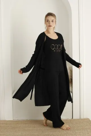 Pijama damă cu halat, culoare negru, imprimeu Cool