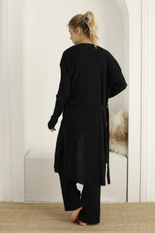 Pijama damă cu halat, culoare negru, imprimeu Cool hover