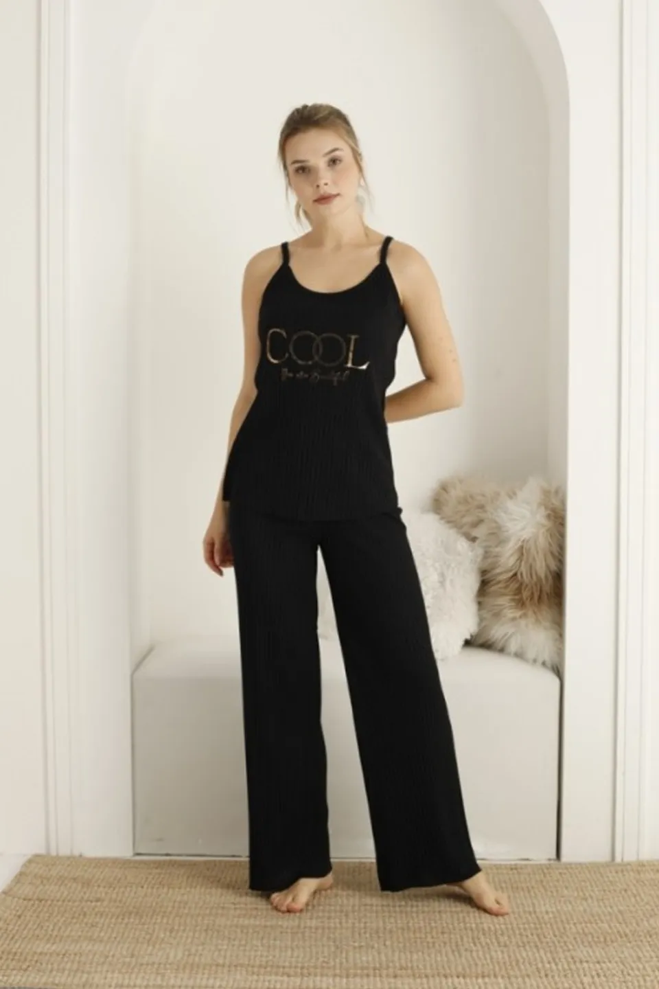 Pijama damă cu halat, culoare negru, imprimeu Cool - 3