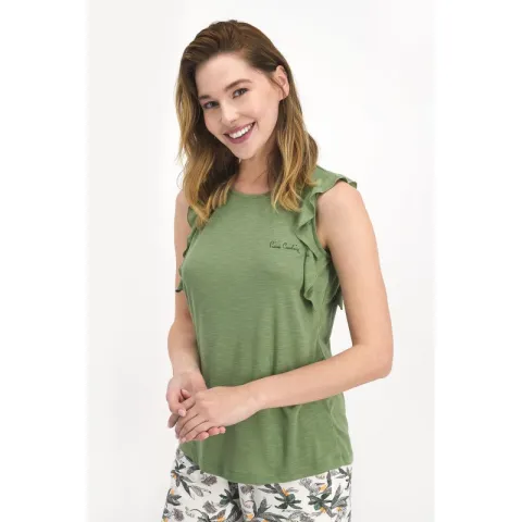 Pijama Dama cu Maiou cu Volanase și Pantaloni 3/4 cu Elastic și Fundiță, Imprimeu Floral hover