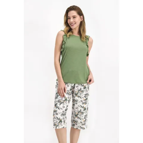 Pijama Dama cu Maiou cu Volanase și Pantaloni 3/4 cu Elastic și Fundiță, Imprimeu Floral