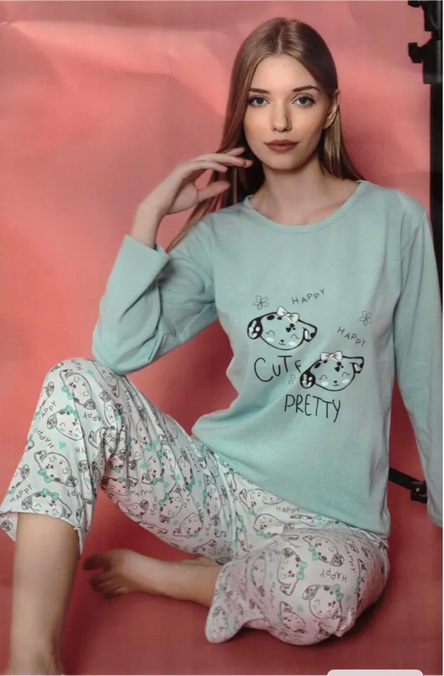 Pijama damă cu mânecă lungă și pantaloni lungi asortați, imprimeu ,,Cute, Pretty", blue