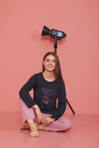 Pijama damă, cu mânecă lungă și pantaloni lungi din bumbac, imprimeu Five More Minutes