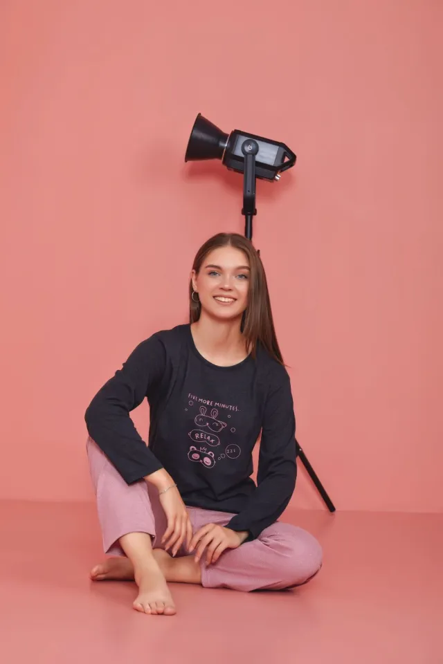 Pijama damă, cu mânecă lungă și pantaloni lungi din bumbac, imprimeu Five More Minutes