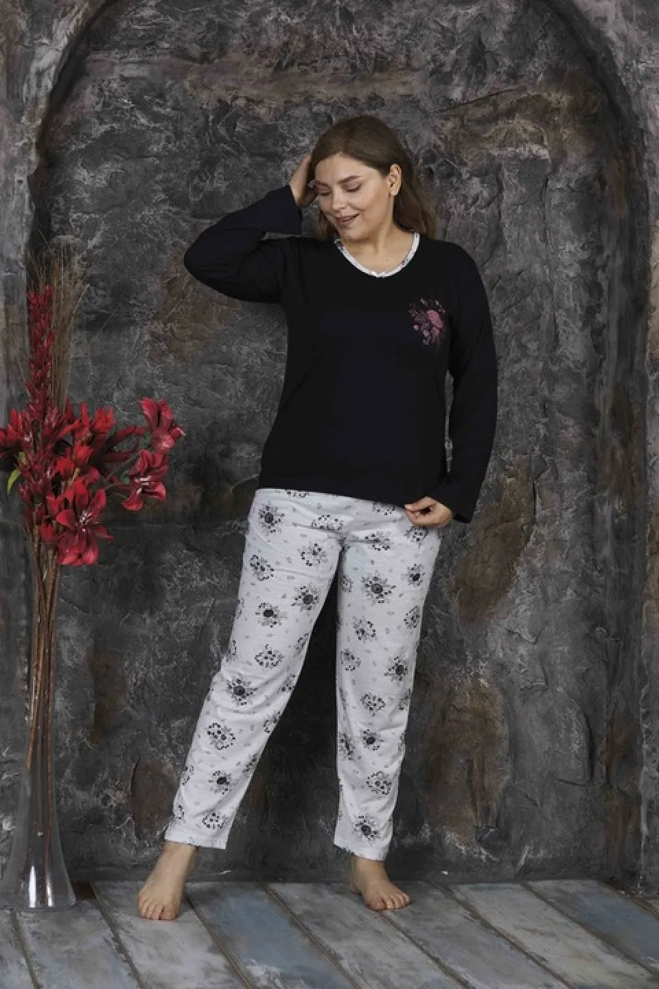 Pijama damă, cu mânecă lungă și pantaloni lungi din bumbac, imprimeu floral, mov - 2