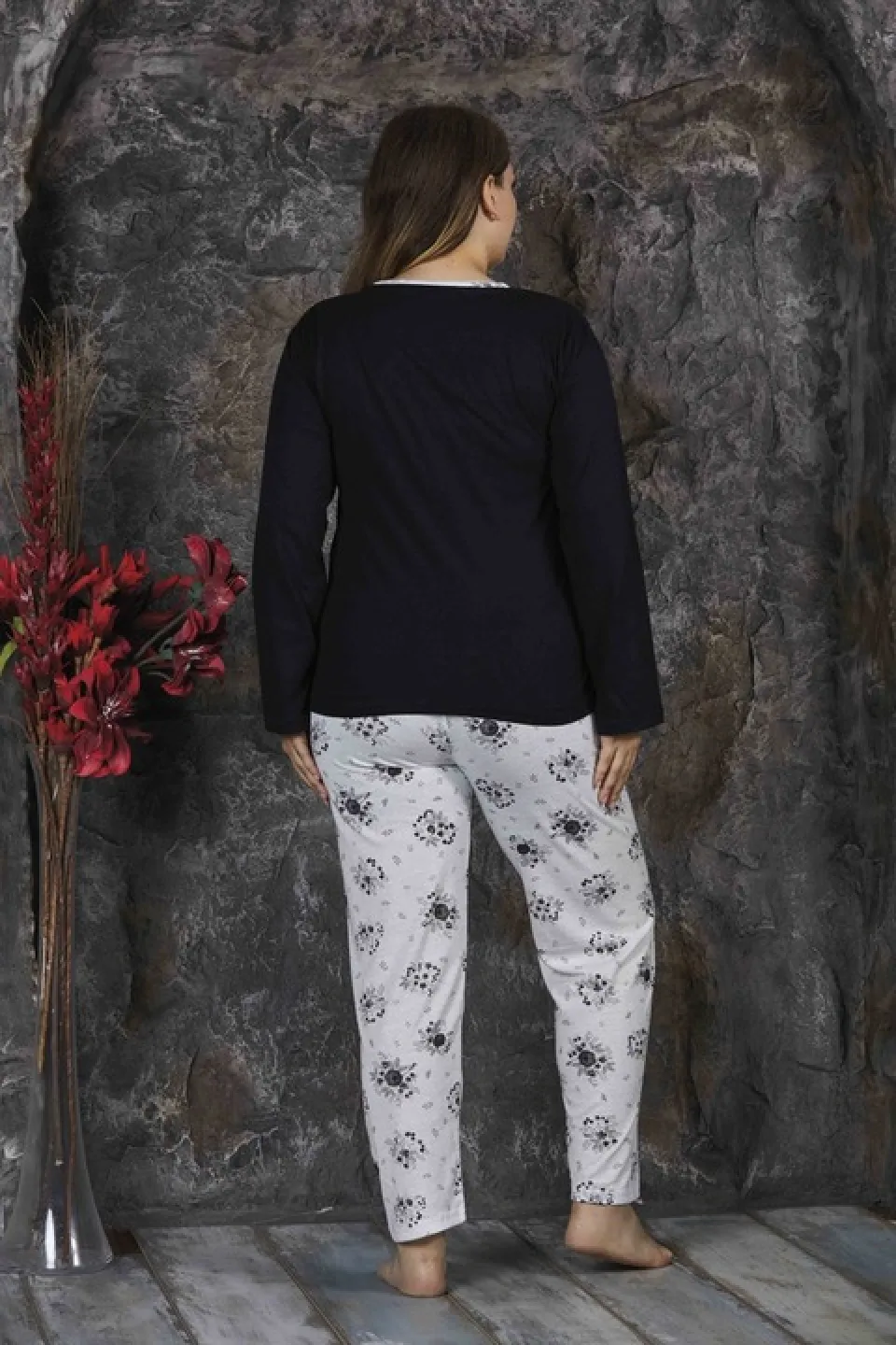 Pijama damă, cu mânecă lungă și pantaloni lungi din bumbac, imprimeu floral, mov - 3