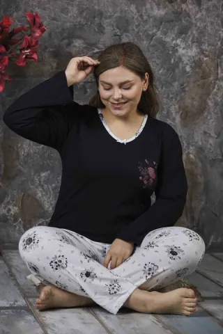 Pijama damă, cu mânecă lungă și pantaloni lungi din bumbac, imprimeu floral, mov