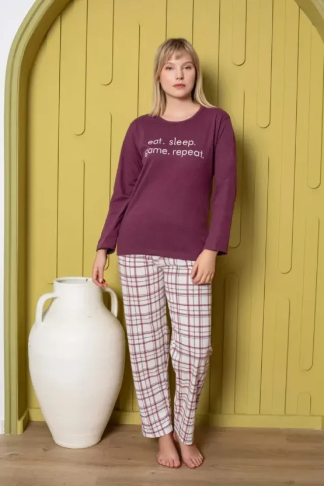 Pijama damă, cu mânecă lungă și pantaloni lungi din bumbac, imprimeu Sleep