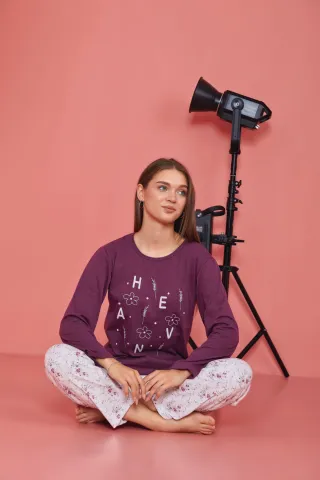 Pijama damă, cu mânecă lungă și pantaloni lungi din bumbac, imprimeu flori