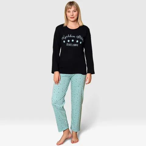 Pijama damă, cu mânecă lungă și pantaloni lungi din bumbac, imprimeu Golden Hills