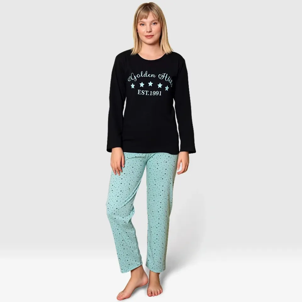 Pijama damă, cu mânecă lungă și pantaloni lungi din bumbac, imprimeu Golden Hills