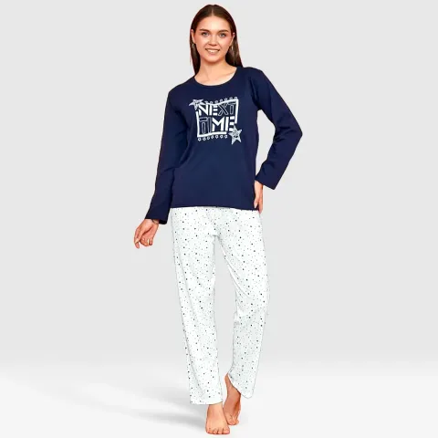 Pijama damă, cu mânecă lungă și pantaloni lungi din bumbac, imprimeu Next Time