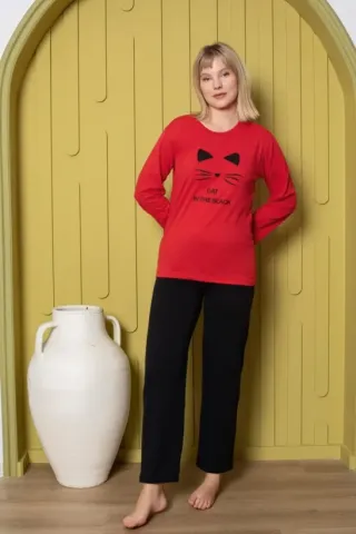 Pijama damă, cu mânecă lungă și pantaloni lungi din bumbac, imprimeu pisică