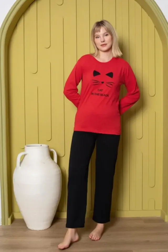 Pijama damă, cu mânecă lungă și pantaloni lungi din bumbac, imprimeu pisică