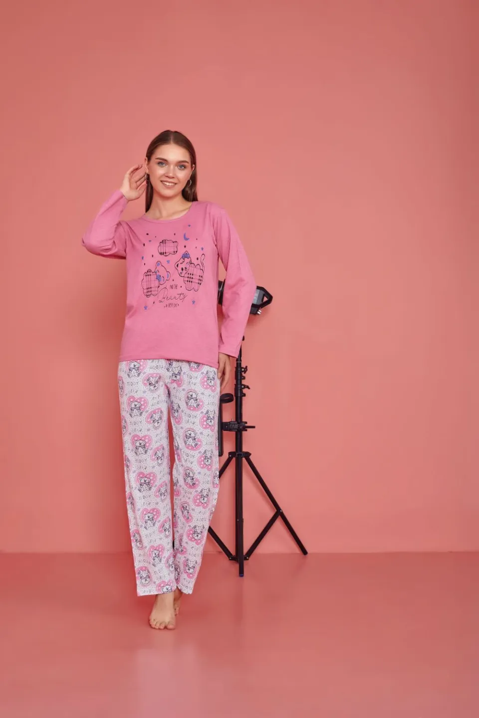 Pijama damă, cu mânecă lungă și pantaloni lungi din bumbac, imprimeu ursuleti - 1