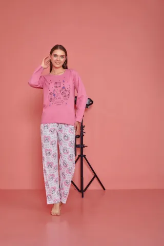 Pijama damă, cu mânecă lungă și pantaloni lungi din bumbac, imprimeu ursuleti