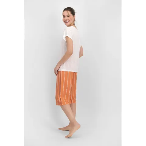 Pijama dama cu maneca scurta si pantalon 3/4, imprimeu dungi hover