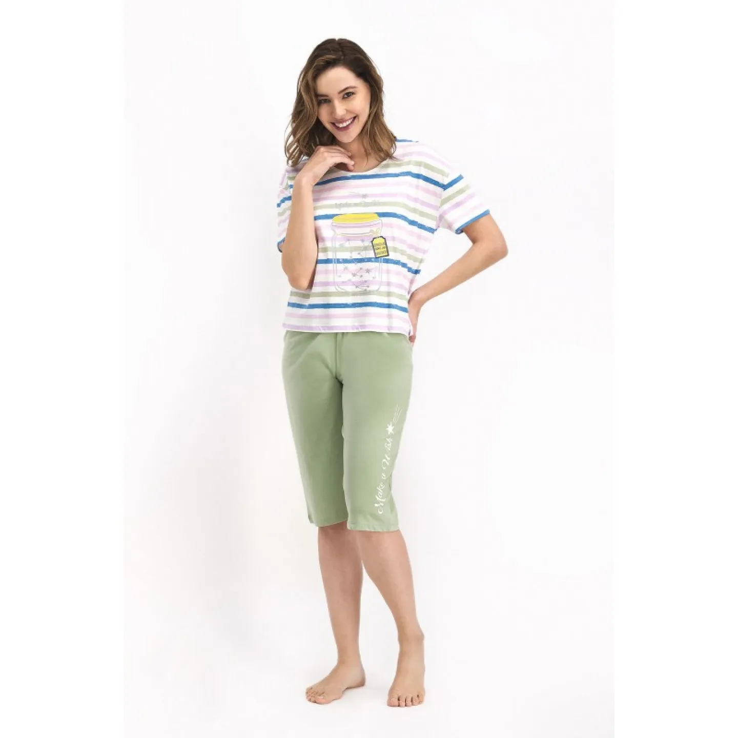 Pijama damă cu mânecă scurtă și pantaloni 3/4, 100% bumbac, verde - 1