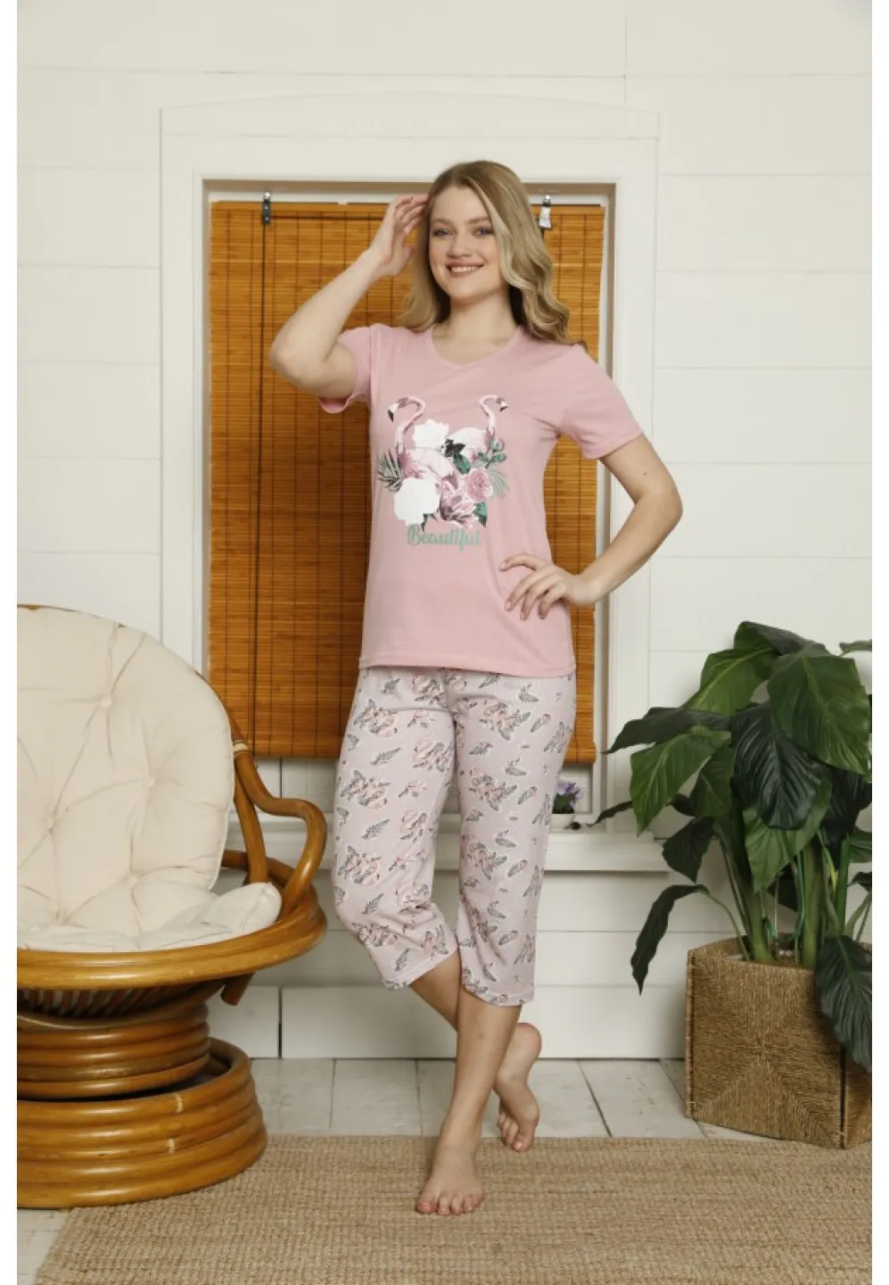 Pijama damă, cu mânecă scurtă  și pantaloni 3/4 din bumbac, imprimeu Flamingo, roz - 1