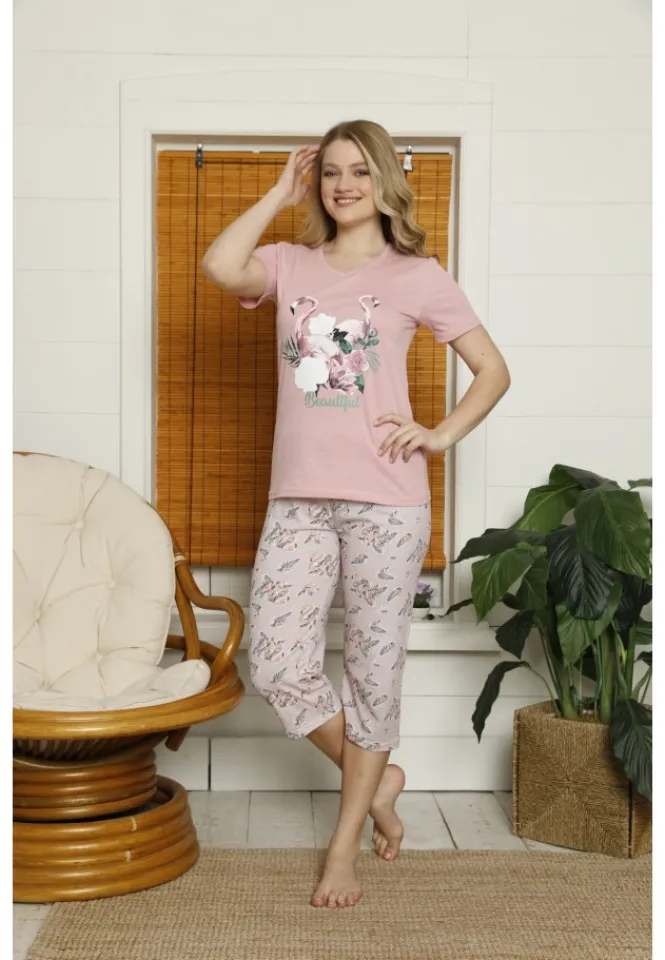 Pijama damă, cu mânecă scurtă  și pantaloni 3/4 din bumbac, imprimeu Flamingo, roz