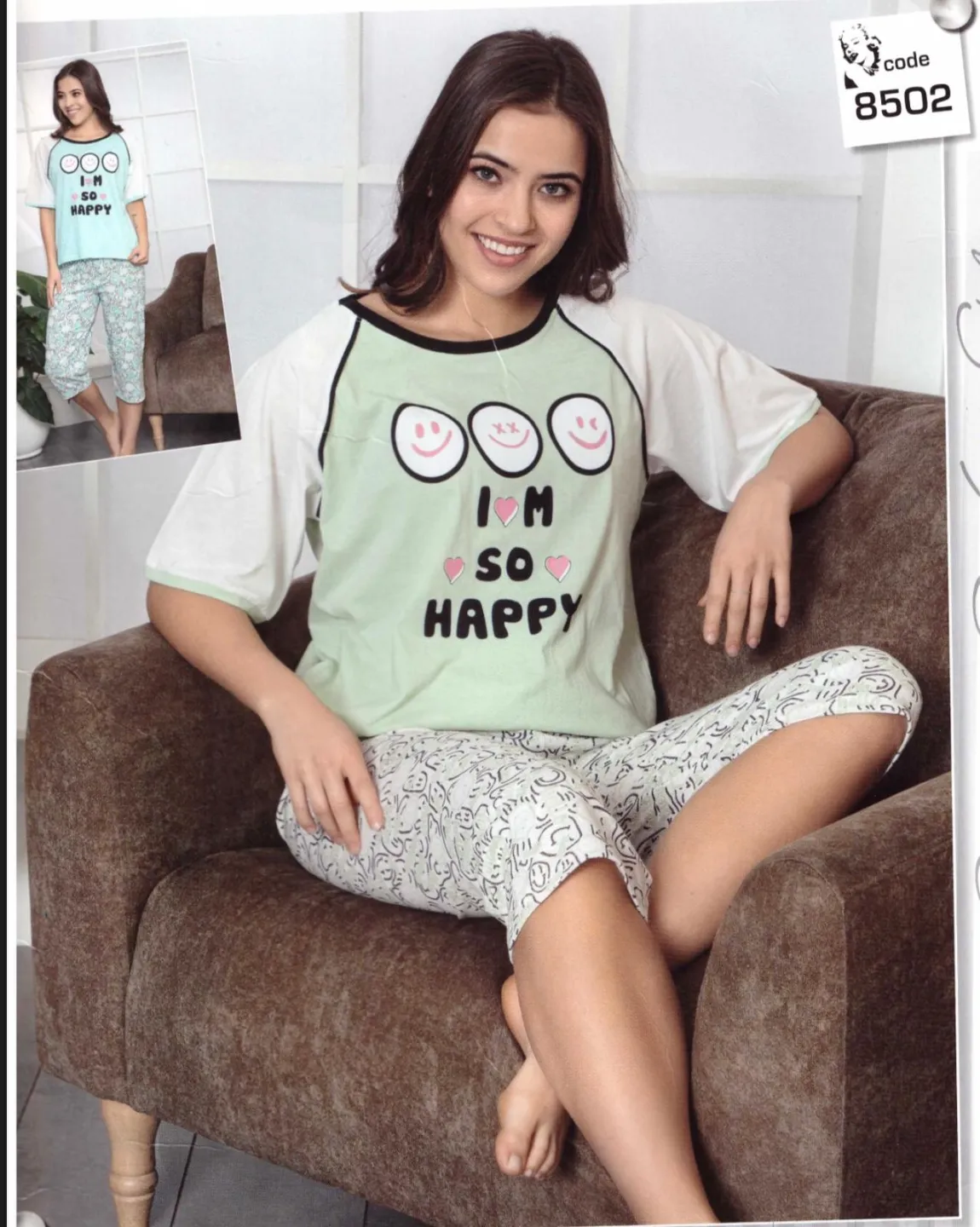 Pijama damă, cu mânecă scurtă  și pantaloni 3/4 din bumbac, imprimeu I'm So Happy, verde - 1